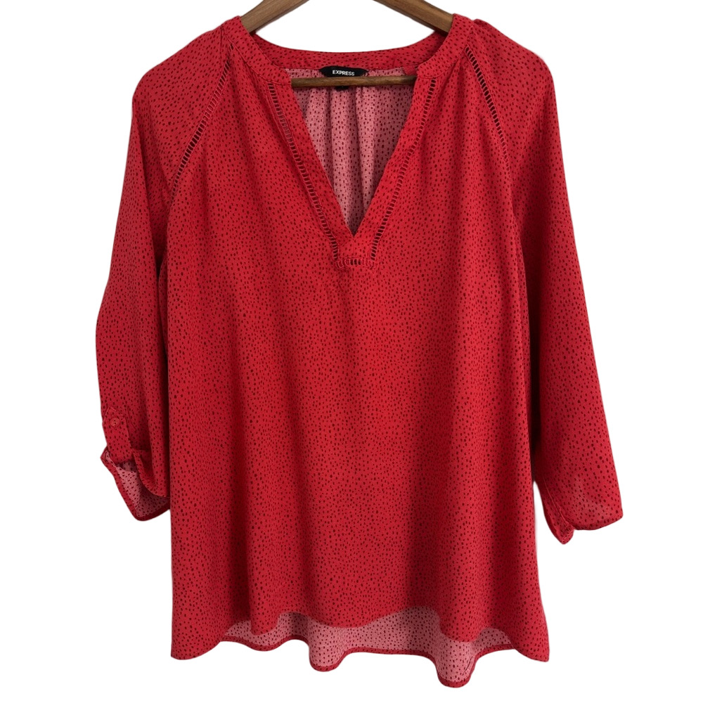 Express Women’s Large Coral Speckled 3/4 Roll Tab Sleeve Vneck Blouse